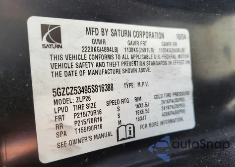 2005 Saturn Vue V6 z USA, uszkodzony, nr VIN 5GZCZ53495S816388